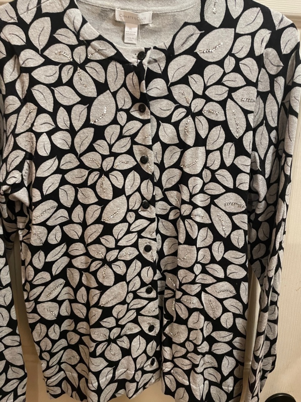 Charter Club Black Cardigan with Cream Leaf Motif